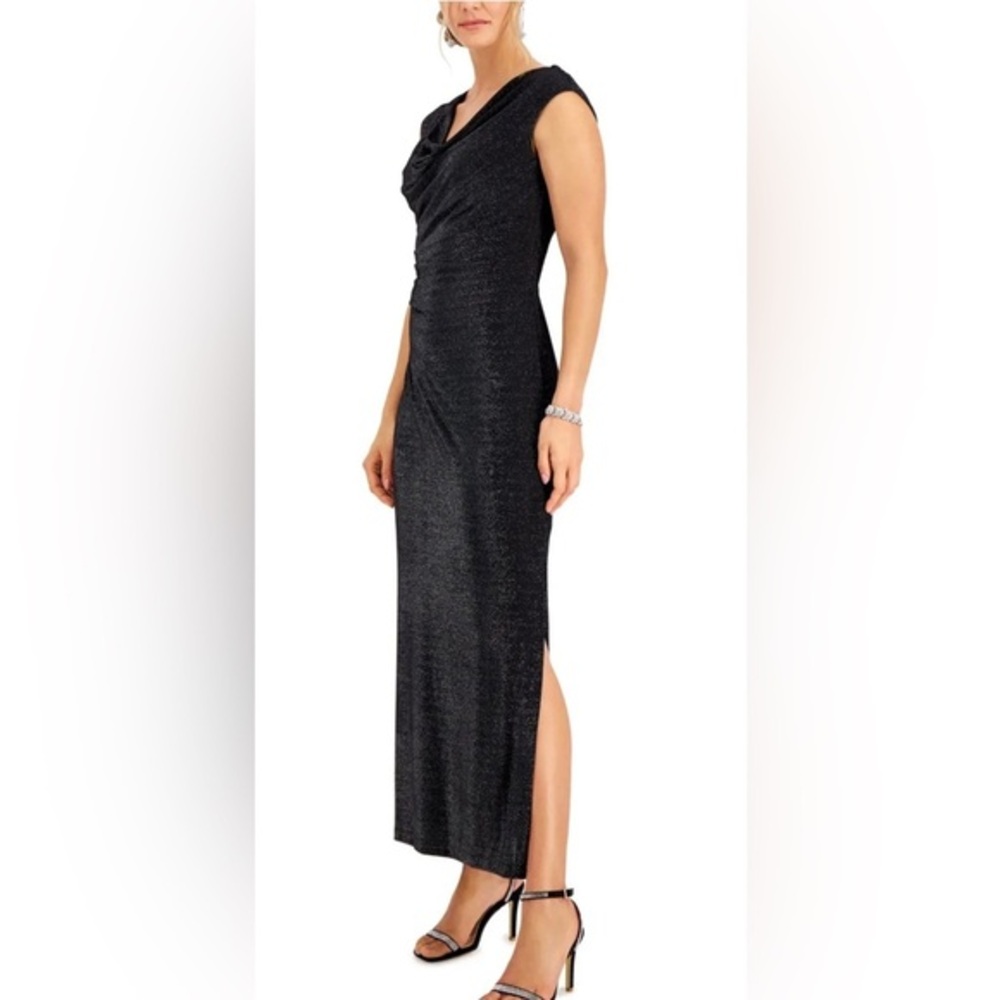 CONNECTED APPAREL Women’s Formal Dress Size 14 Black Silver Sparkle Draped Gown